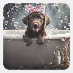Adesivo Quadrado Lindo Labrador Retriever Chocolate na Banheira