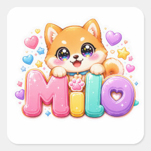 Adesivo Quadrado Lindo Milo Cachorro Kawaii Nome Pastel Rosa Brilha
