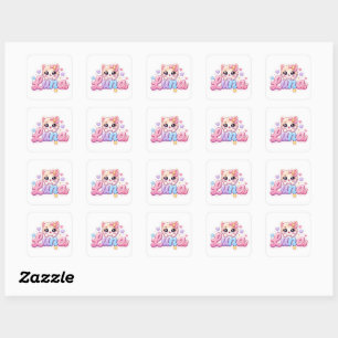 Adesivo Quadrado Lindo Nome de Gato Kawaii Luna Rosa Pastel Brilhan