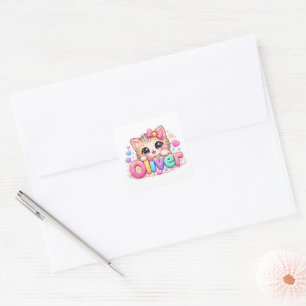 Adesivo Quadrado Lindo Nome de Gato Oliver Kawaii Pastel Rosa Brilh