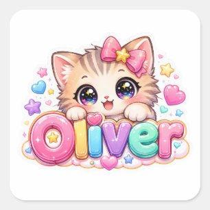 Adesivo Quadrado Lindo Nome de Gato Oliver Kawaii Pastel Rosa Brilh