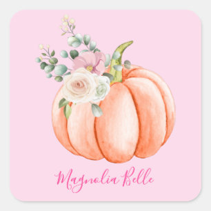 Adesivo Quadrado Lindo Nome de Pequena Abóbora Floral Rosa Corado P
