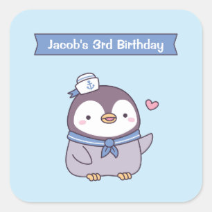 Adesivo Quadrado Lindo Pequeno Pinguim Marinheiro Desenho Aniversár