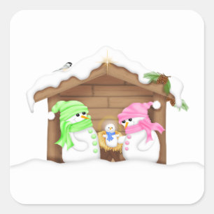 Adesivo Quadrado Lindo Presépio de Neve de Natal