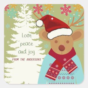 Adesivo Quadrado Lindo Venado Árbol Navidad Verde Rojo Vintage Chi