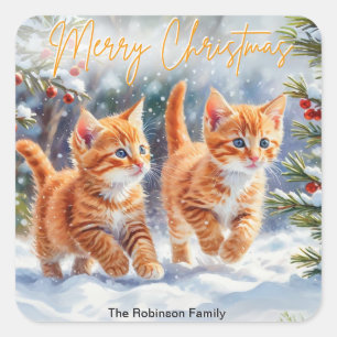 Adesivo Quadrado Lindos Gatinhos Ruivos Gatos Na Neve Feliz Natal