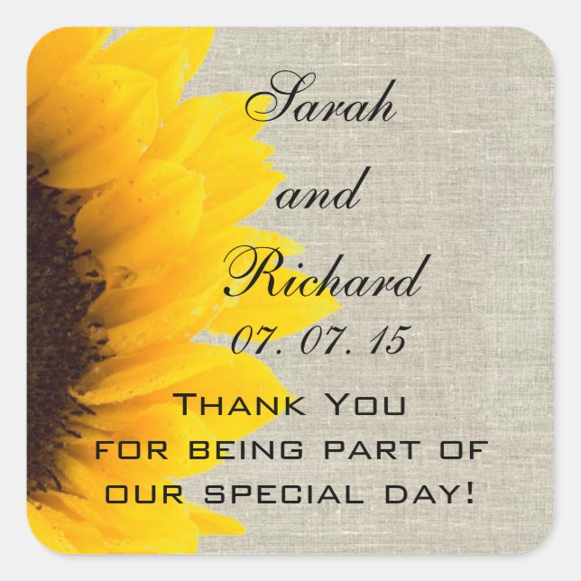 Adesivo Quadrado Linen Sunflower Obrigado A Favor Do Casamento (Frente)