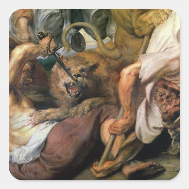 Adesivo Quadrado Lion Hunt, detalhe de dois homens e um leão, 1621 (Frente)