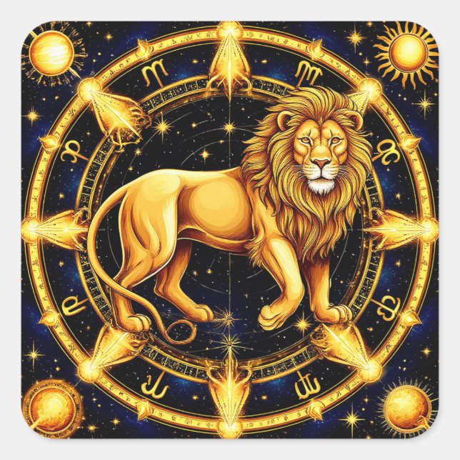 Adesivo Quadrado Lion Zodiac Símbolo Sobre Celestial Starry Backgro (Frente)