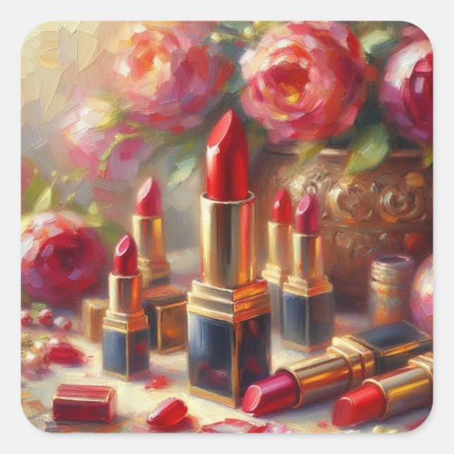 Adesivo Quadrado Lipstick e flores - pintura impressionista (Frente)