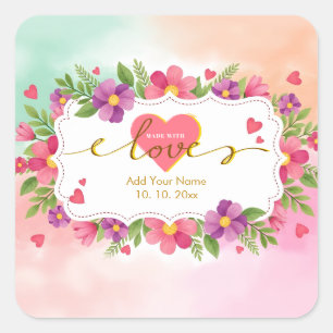 Adesivo Quadrado Lírio Gracioso Floral Aquarela "Feito com Amor" Pr