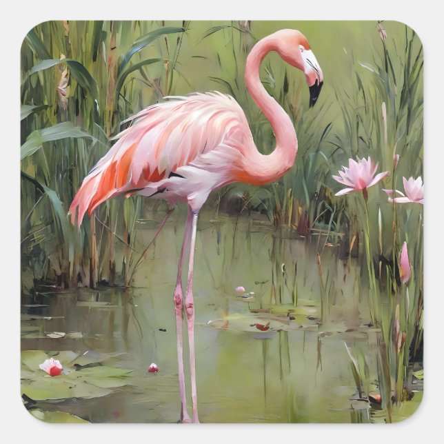 Adesivo Quadrado Lírios De Água Flamingo, Rosa, E Pintura De Óleo D (Frente)