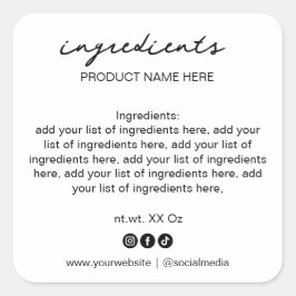Adesivo Quadrado Lista Simples de Ingredientes Pretos e Brancos Min
