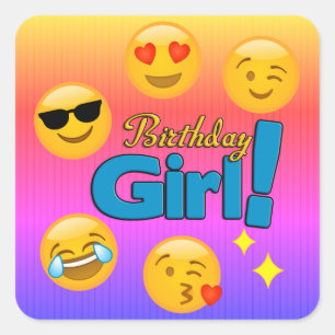 Adesivo Quadrado Listras de Emoji Ombre da menina do aniversário