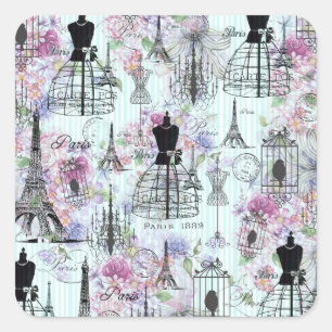 Adesivo Quadrado Listras de safra Torre Eiffel colagem cor-de-rosa