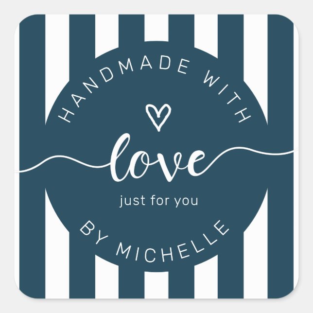 Adesivo Quadrado listras modernas feitas à mão com monograma de amo (Frente)