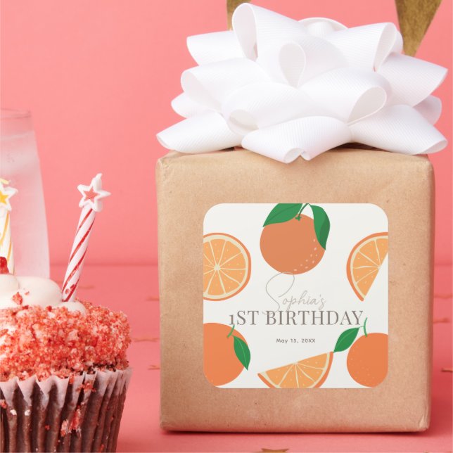 Adesivo Quadrado Little Cutie Modern Orange Birthday (Festa)