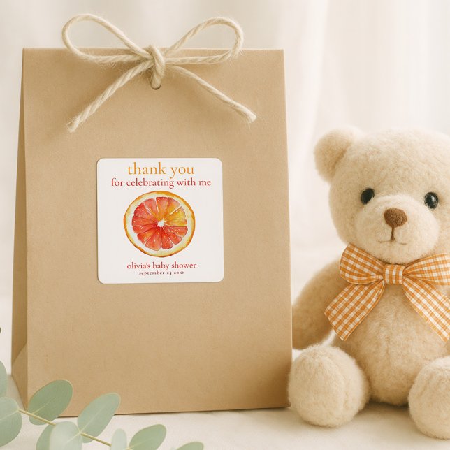 Adesivo Quadrado Little Cutie Orange Slice Thank You Baby Shower  (Criador carregado)
