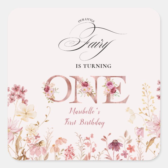 Adesivo Quadrado Little Fairy Floral Garden First Birthday  (Frente)