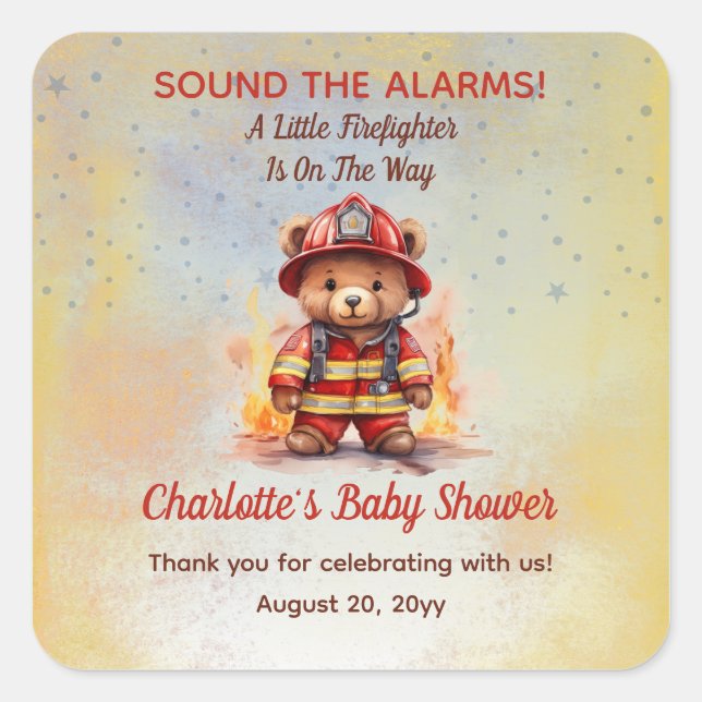 Adesivo Quadrado Little Firefighter Teddy Bear Baby Shower  (Frente)