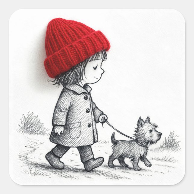 Adesivo Quadrado Little Girl In Red Hat Walking Her Dog (Frente)