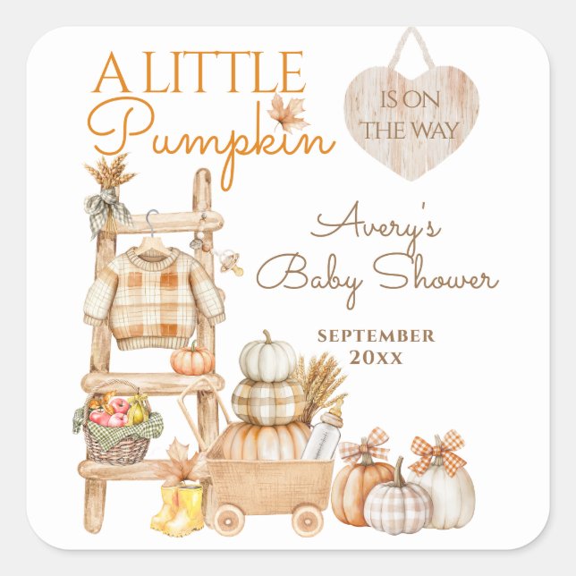 Adesivo Quadrado Little Pumpkin Fall Locally Grown Baby Shower (Frente)