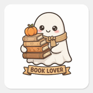 Adesivo Quadrado Livro de Abóbora de Fantasma Fofo Cartoon