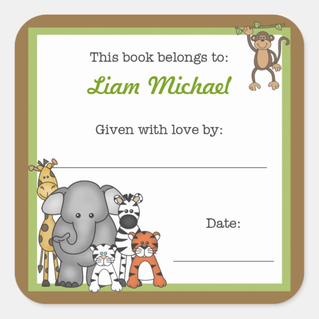Adesivo Quadrado Livro de Animais da Selva Planta de Garoto Verde (Frente)