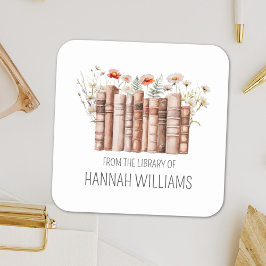 Adesivo Quadrado Livro de Pilha Floral da Biblioteca do Cartão