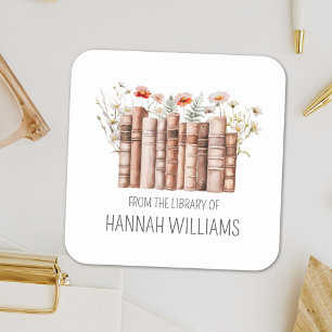 Adesivo Quadrado Livro de Pilha Floral da Biblioteca do Cartão