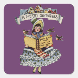 Adesivo Quadrado Livro Menina Antiga e Papai Noel do Natal