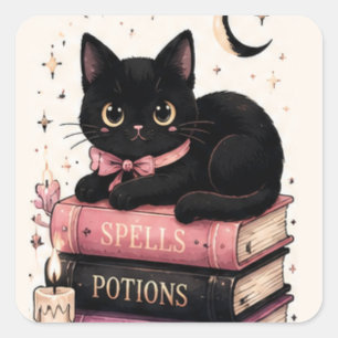 Adesivo Quadrado Livros de Feitiços Gatos Pretos Bruxas
