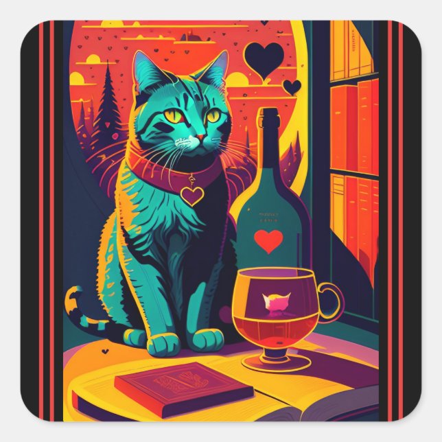 Adesivo Quadrado Livros De Gato E Vinho (Frente)