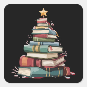 Adesivo Quadrado Livros de Natal Árvore Amante de Livros Professore