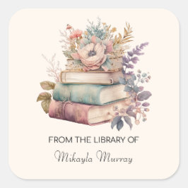 Adesivo Quadrado Livros e Flores Personalizados de Cores Aquáticas