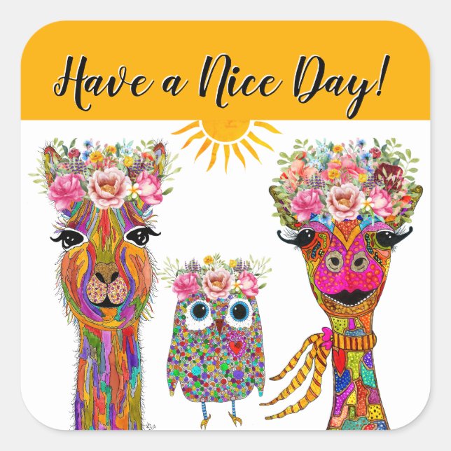 Adesivo Quadrado Llama, Coruja e Girafa Animal (Frente)