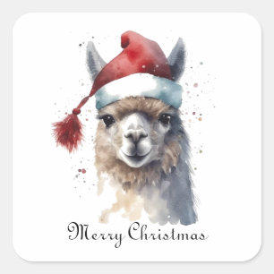Adesivo Quadrado Llama de Natal com Chapéu de Papai Noel e Texto Pe