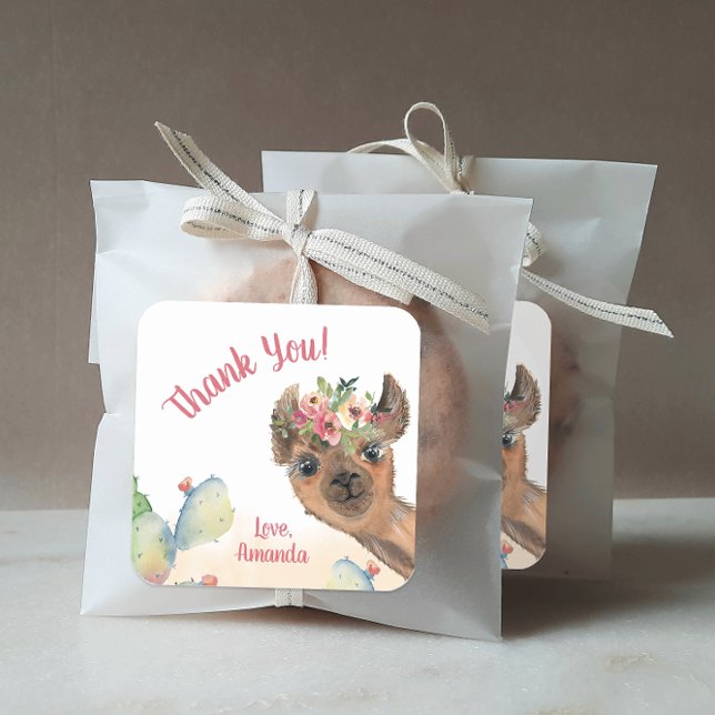 Adesivo Quadrado Llama Personalizado (Personalized llama party favor stickers.)