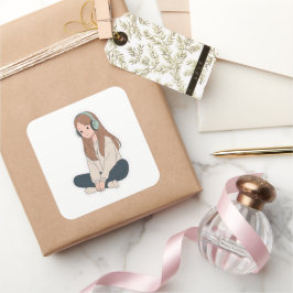 Adesivo Quadrado Lo-Fi Girl com Fones de Ouvido – Vibrações Pastel