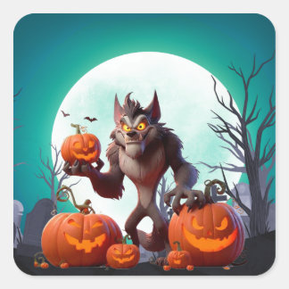 Adesivo Quadrado Lobisomem e abóboras de Halloween
