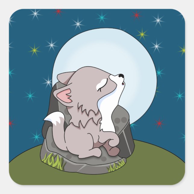 Adesivo Quadrado Lobo Bebê Uivando Para Uma Lua (Frente)
