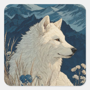 Adesivo Quadrado Lobo Branco com Flores Azuis e Montanhas Nevadas