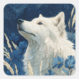 Adesivo Quadrado Lobo Branco com Flores Azuis e Noite Estrelada