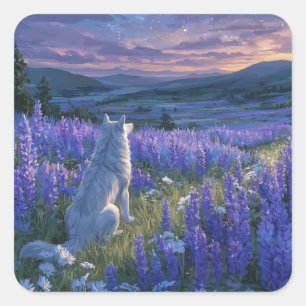 Adesivo Quadrado Lobo Branco Sentado na Flor de Lupino Roxo