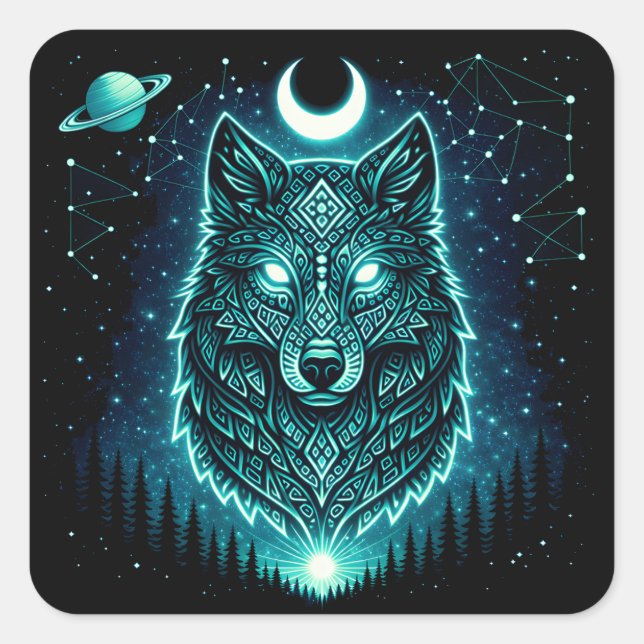 Adesivo Quadrado Lobo Celestial – Galáxia da Uiva Selvagem (Frente)
