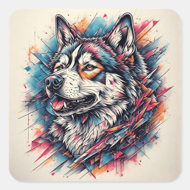 Adesivo Quadrado Lobo com Elementos Geométricos e Cores Vibrantes (Frente)