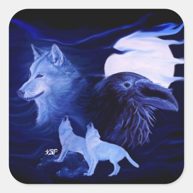 Adesivo Quadrado Lobo e Raven com lua de cheio (Frente)