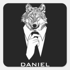 Adesivo Quadrado Lobo Hipster Engraçado com Smoking Preto Personali