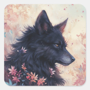 Adesivo Quadrado Lobo Negro no Jardim de Flores Silvestres Rosa e A