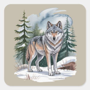 Adesivo Quadrado Lobo Retro de Aquarela de Inverno Selvagem dos Ano